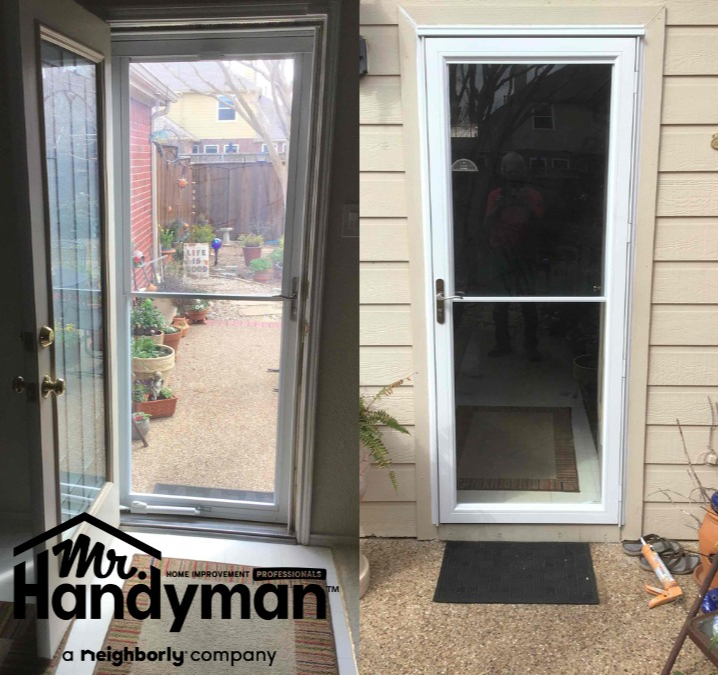 Before and after of a back door getting replaced