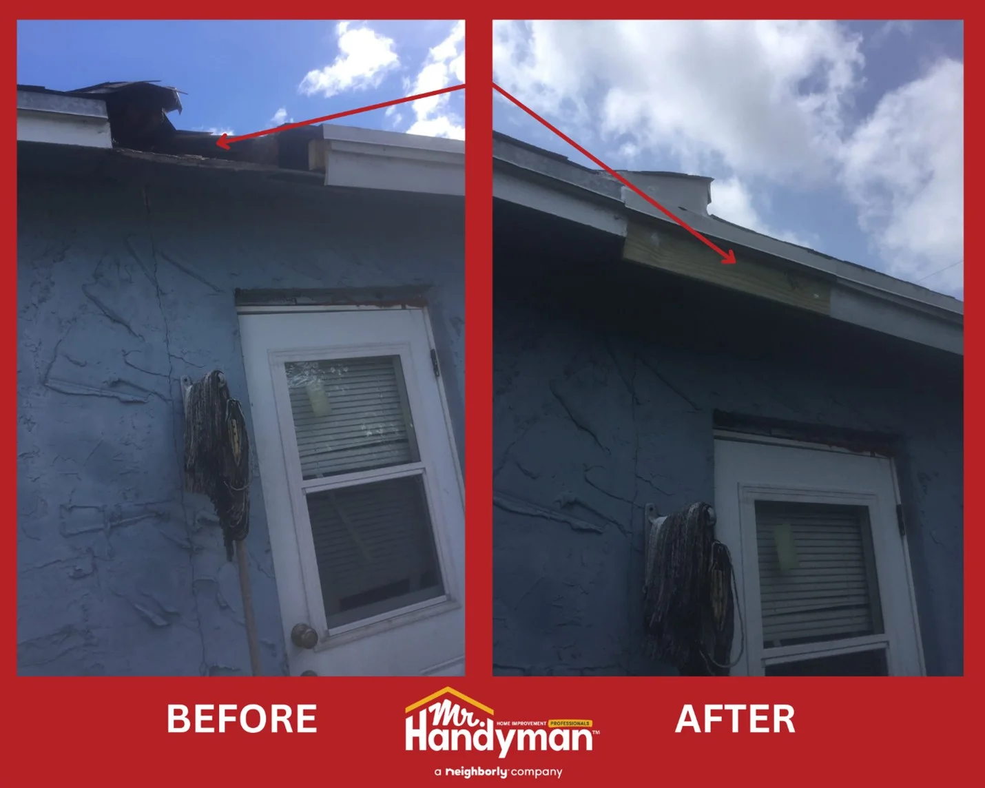 Before and after image of residential roofing soffit and fascia repair service.