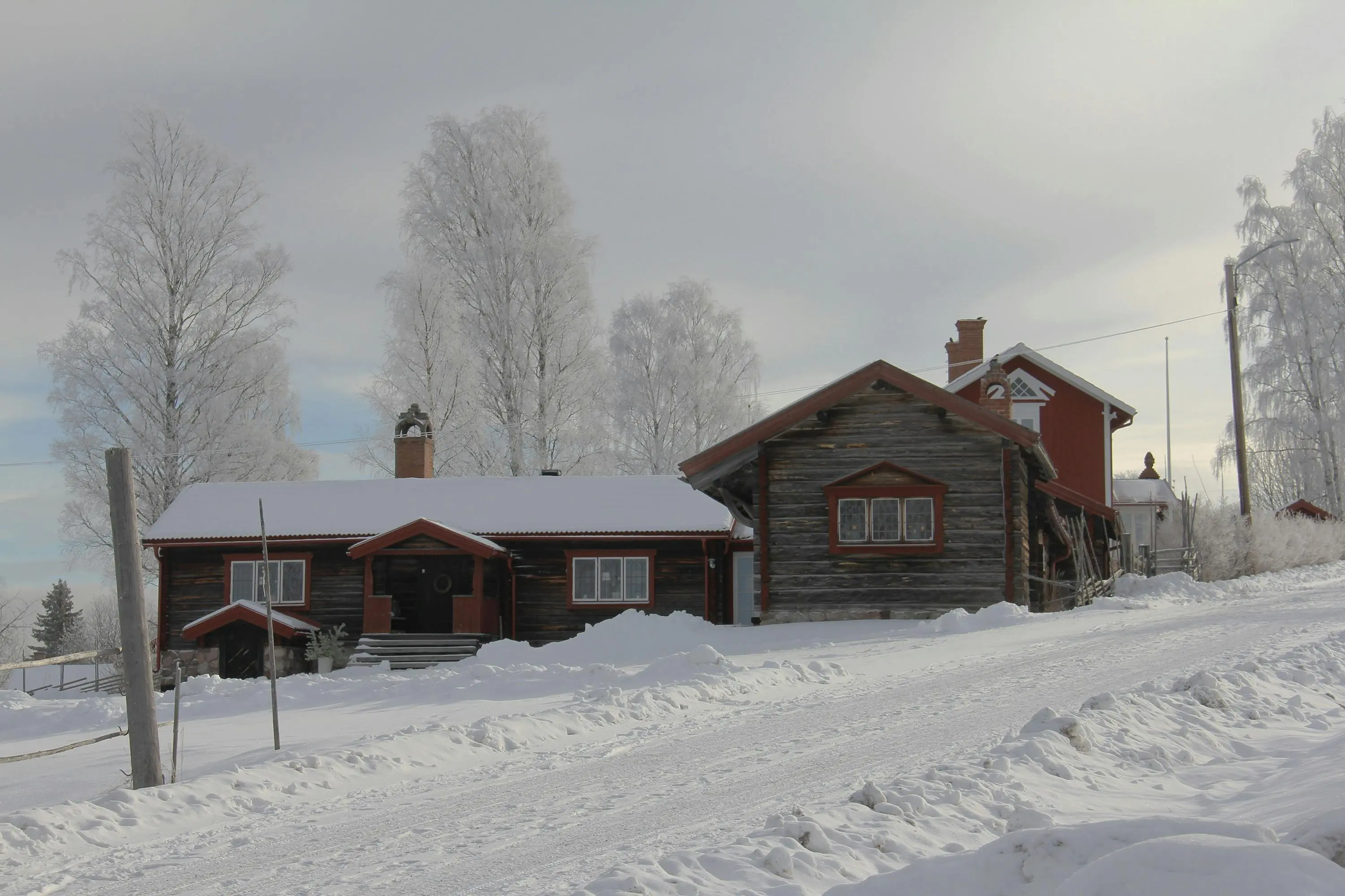 Snow covers a wooden cabin and its landscape, including several bare trees