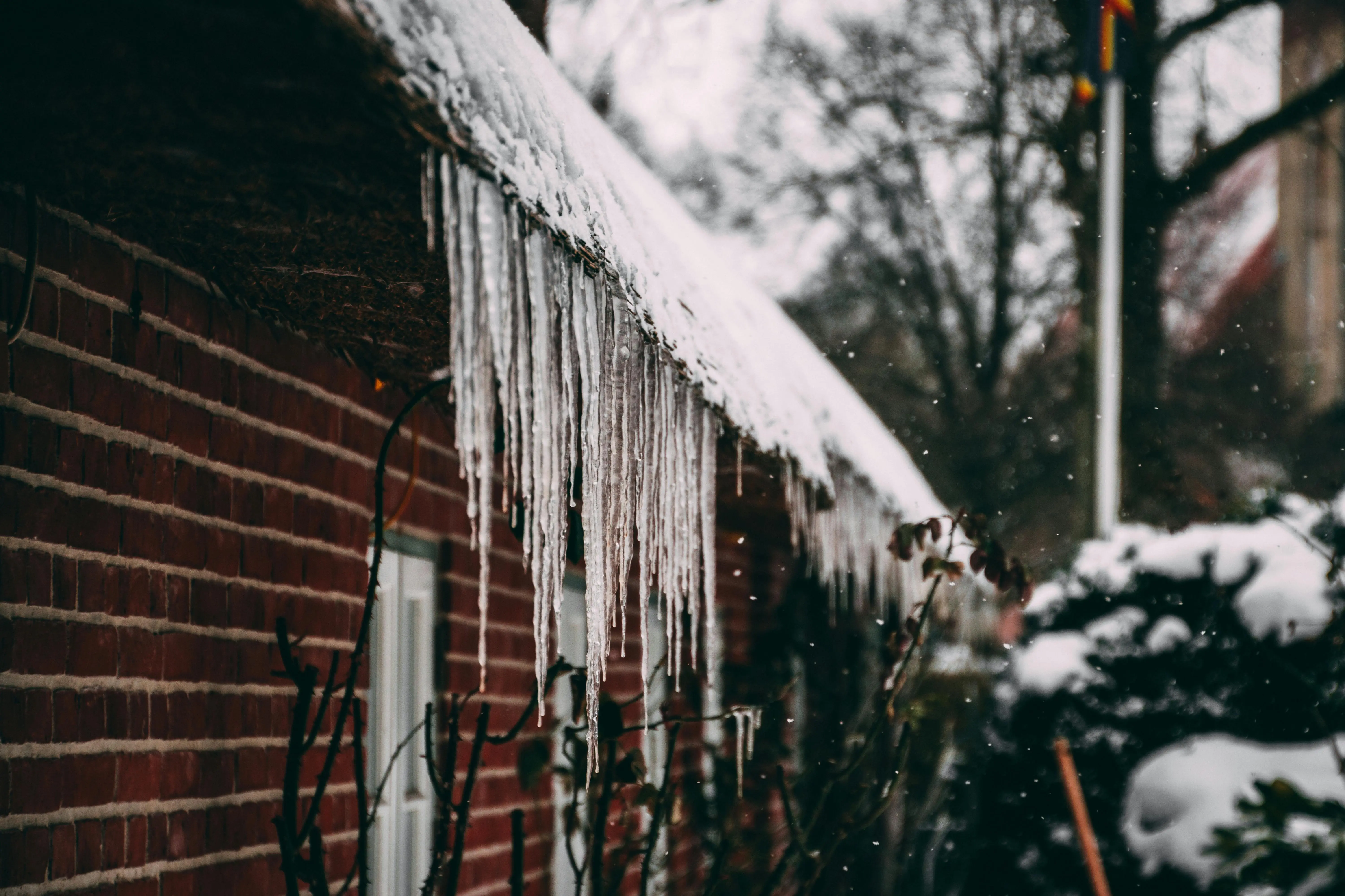 Icicles hang from the roof of a house.