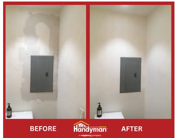 Before and after photo of drywall work.