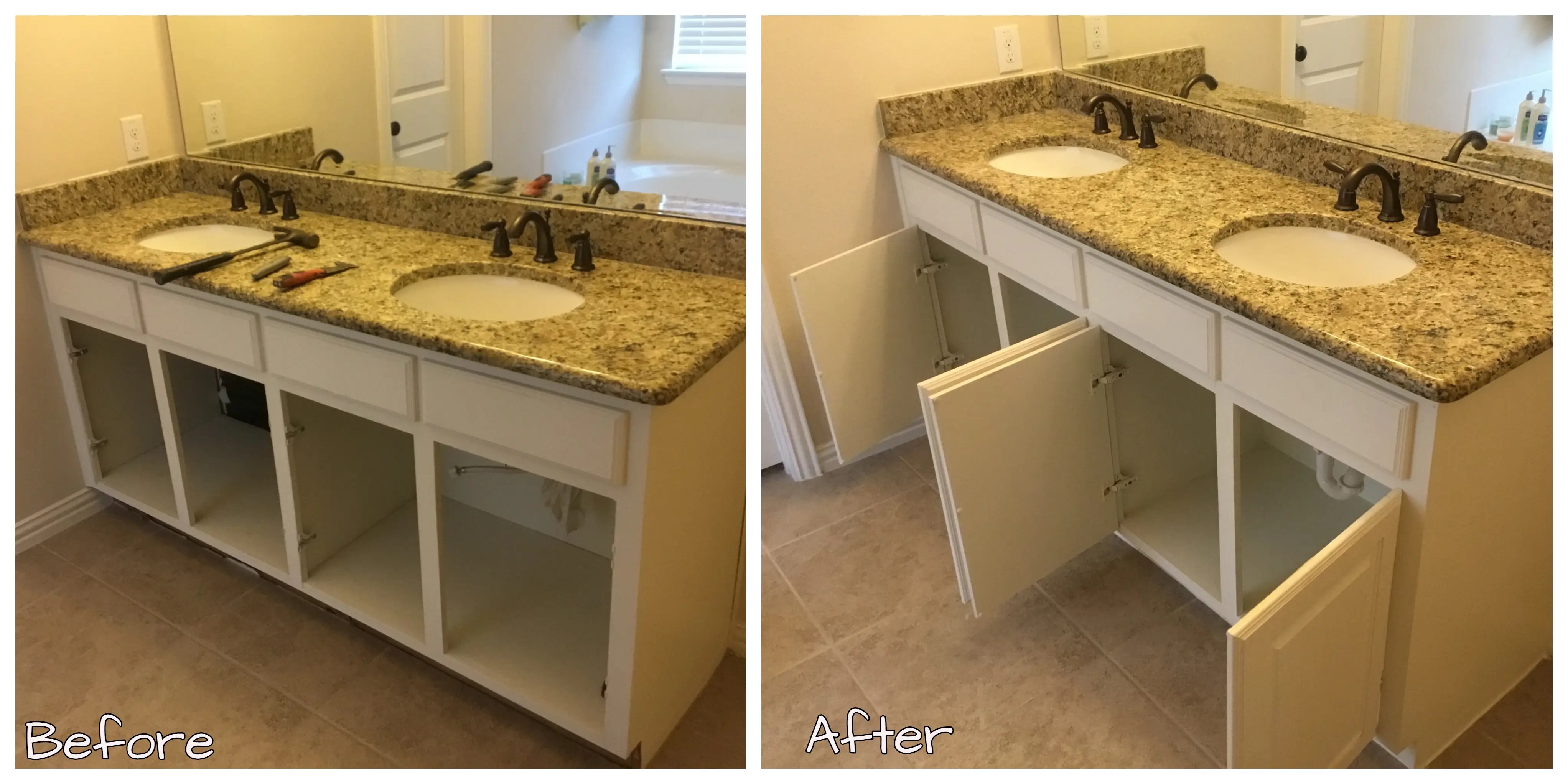 Cabinets under a bathroom vanity before and after the cabinet doors have been replaced by Mr. Handyman.