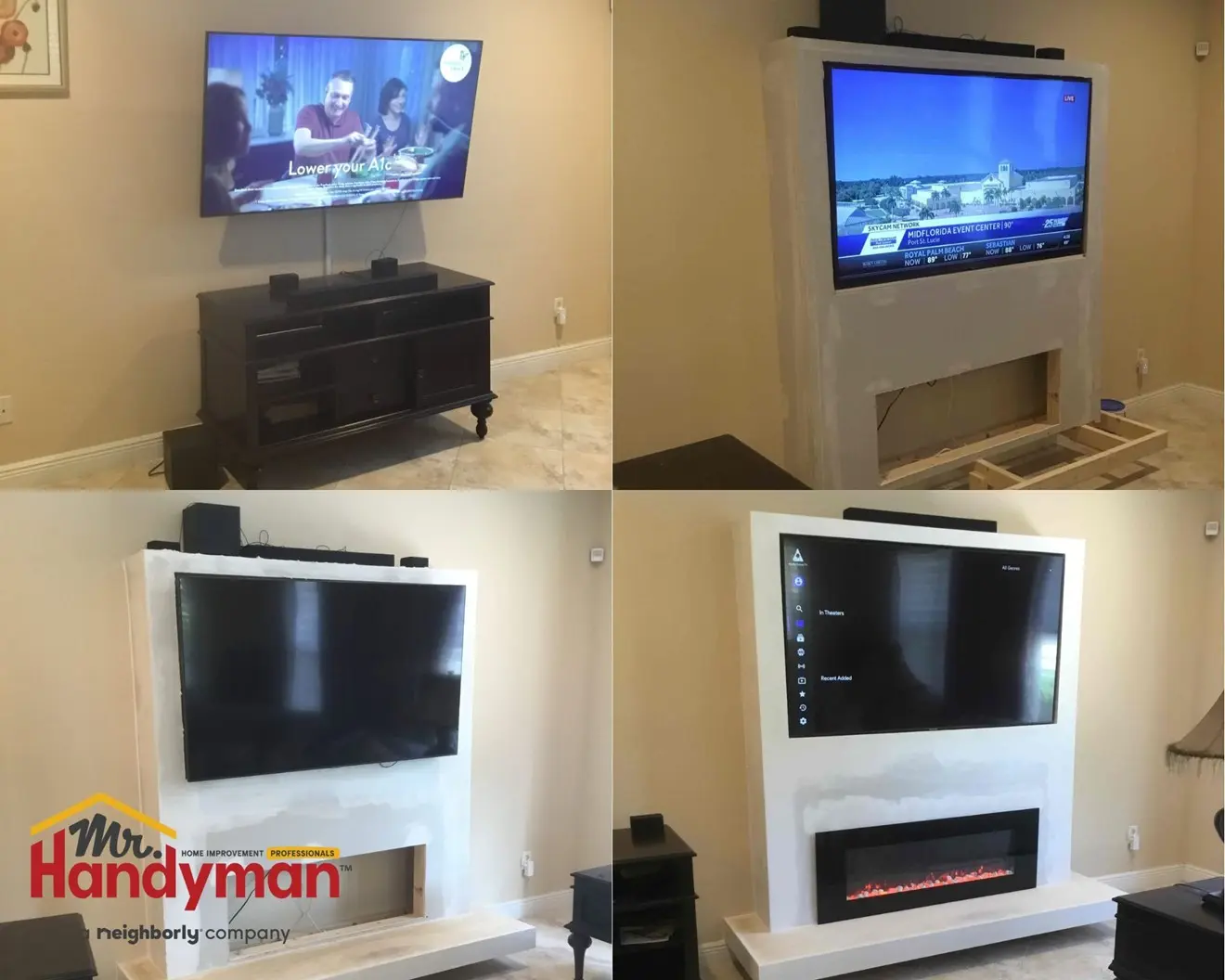 Before and after images of a tv wall mounting job.