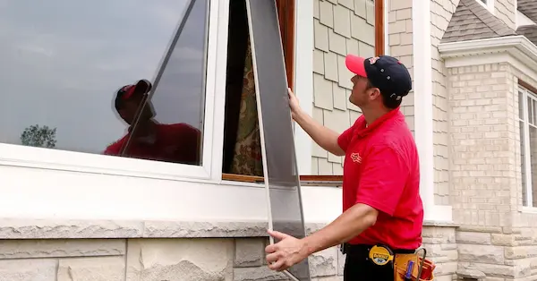 Mr Handyman holding a window glass.