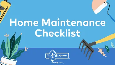 Home Maintenence Checklist in front of a blue background surrounded by clipart tools.