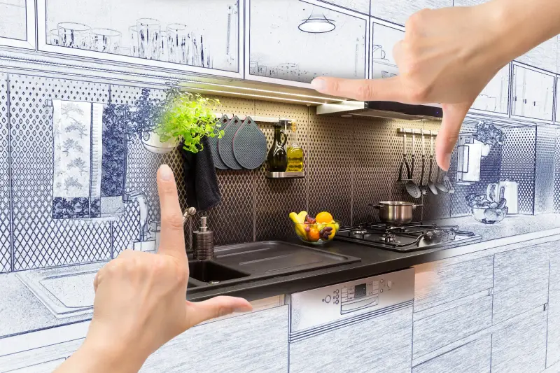 A sketch of a kitchen backsplash with two hands with thumbs and fingers out like a portrait and in the middle the sketch is a realistic kitchen with black counters, fruit, and a hanging plant