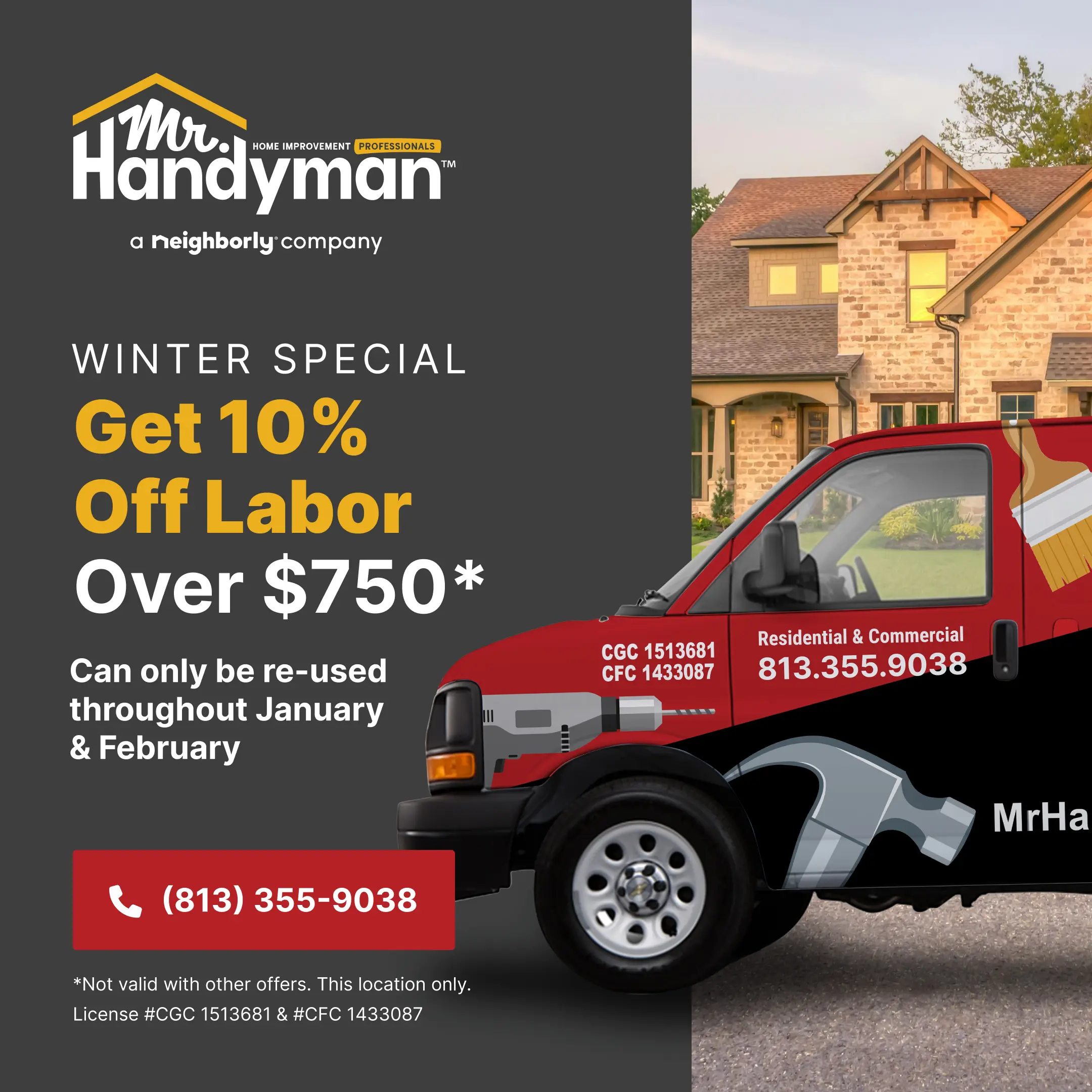 Winter Promotion text with picture of a Mr. Handyman truck.