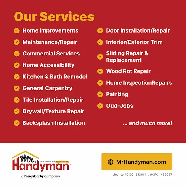 A list of Mr. Handyman Services on a red background.