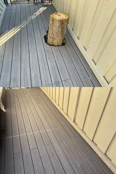 A before and after of a deck that used to have a tree stump sticking up out of a hole in it but has had the stump removed and the hole in the deck repaired.