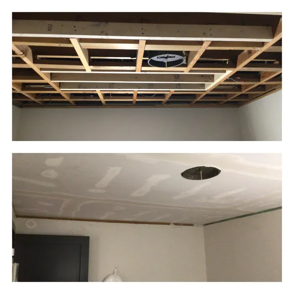 Before and after of ceiling drywall repair Hanover Park, IL.