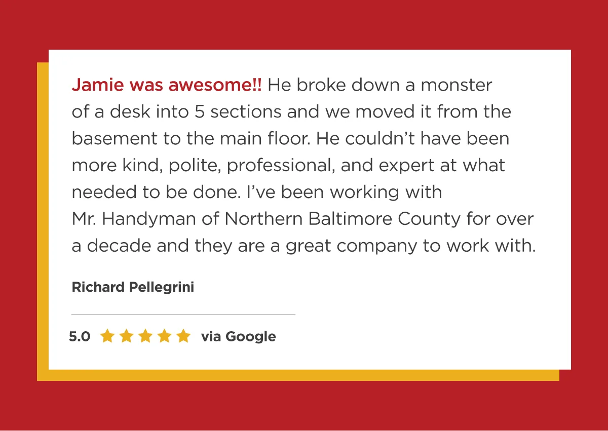 5-star review for Mr. Handyman furniture assembly service.