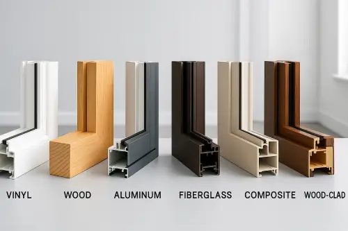 Popular window frame types compared side by side — vinyl, wood, aluminum, fiberglass, wood-clad, and more