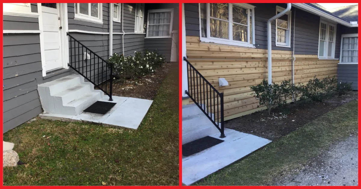 Before and after images of Mr. Handyman completing a siding repair in Jacksonville, FL by installing quality wood panels.