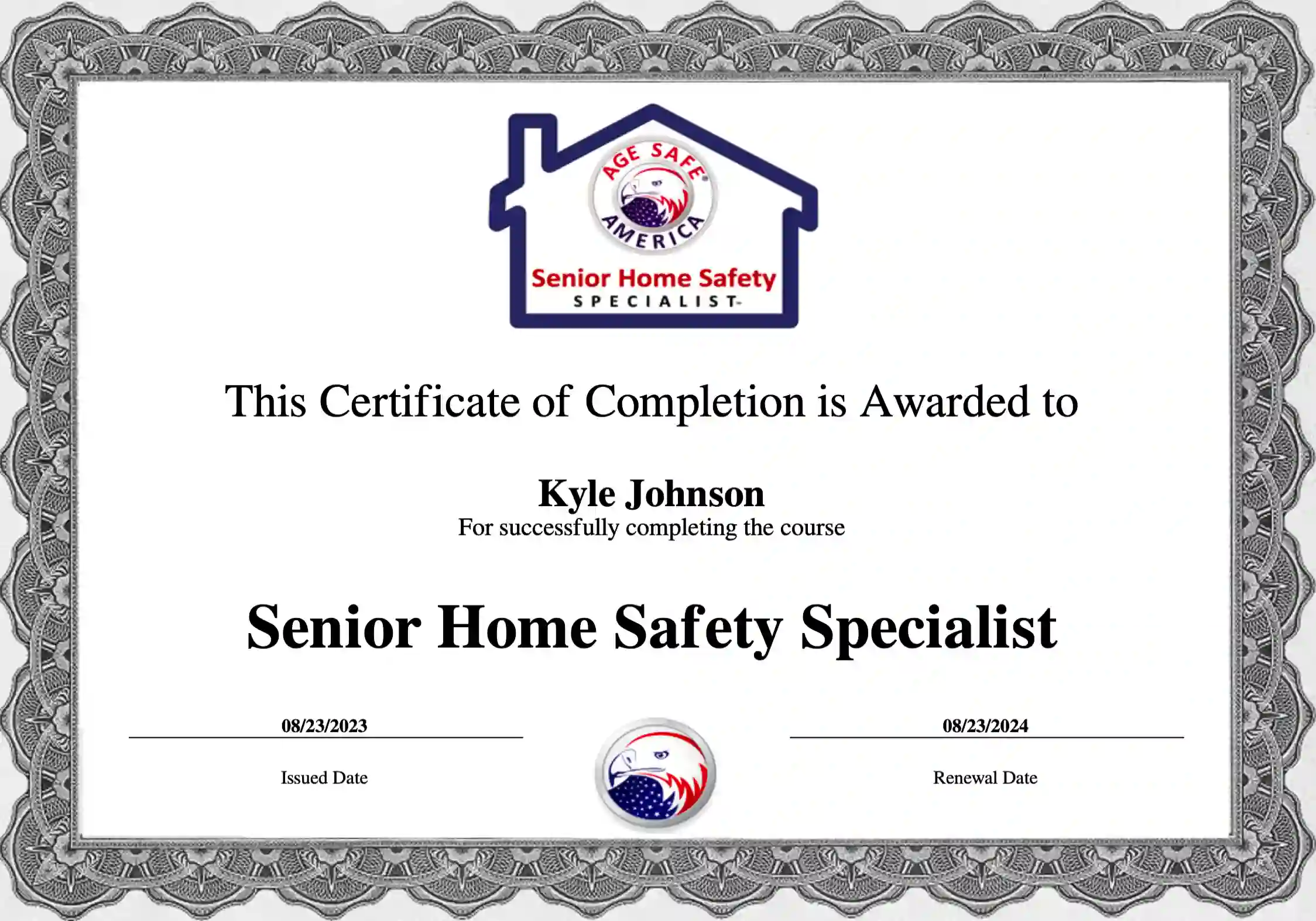 Certificate of Completion for Senior Home Safety Specialist issued to Kyle Johnson.