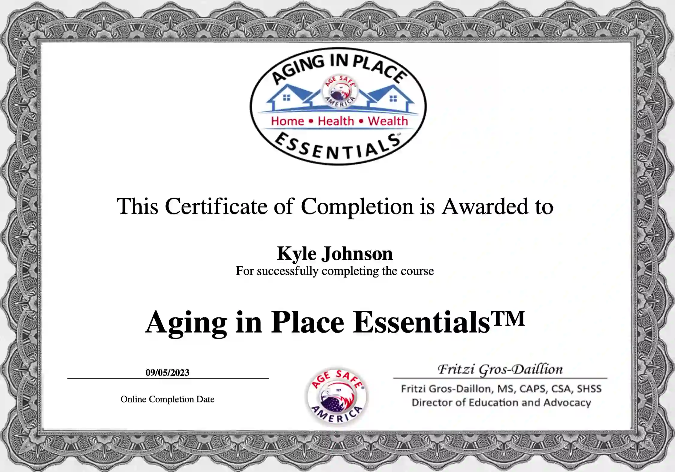 Certificate of completion awarded to Kyle Johnson for the course Aging in Place Essentials.