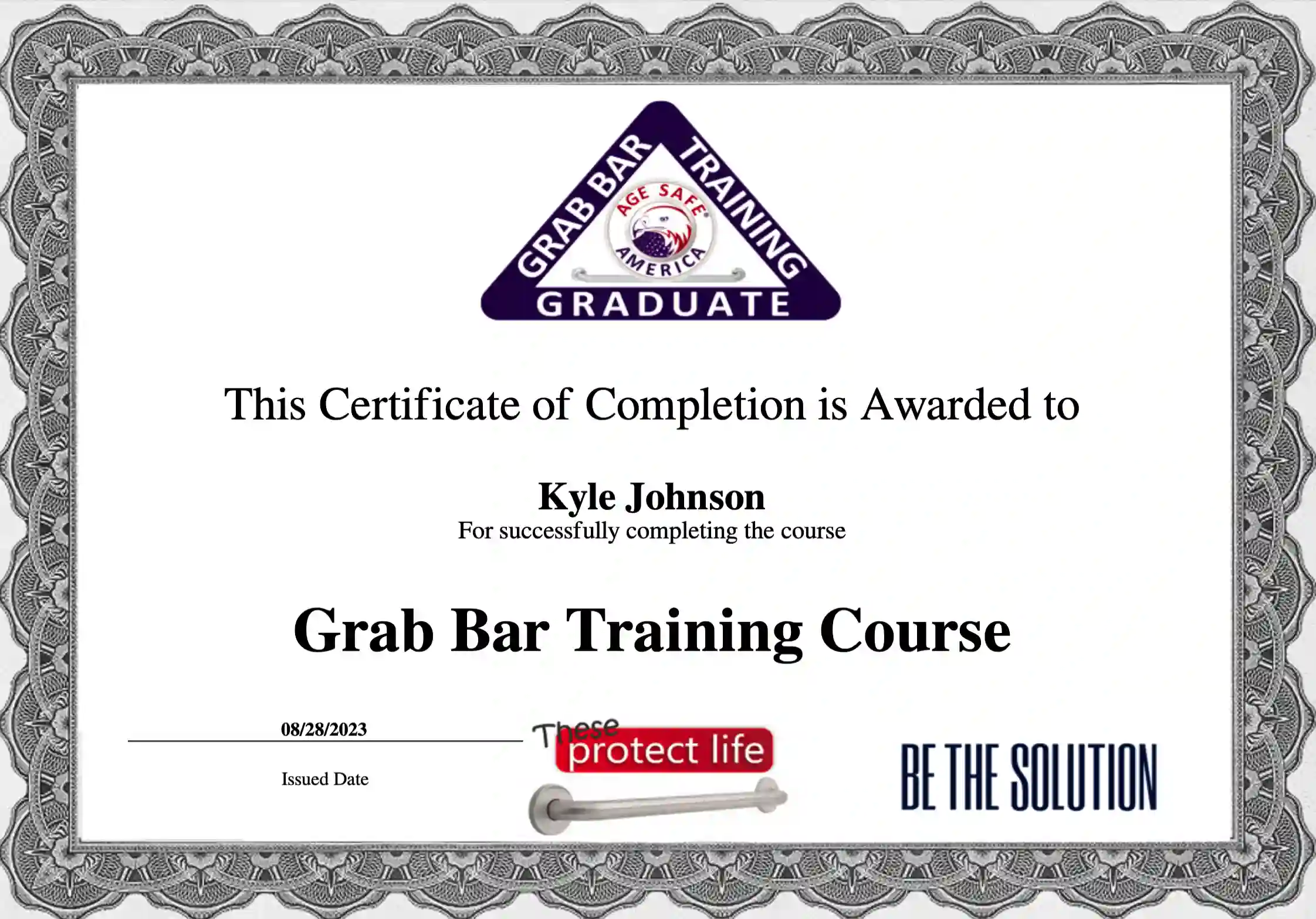 Certificate of Completion for Kyle Johnson on a Grab Bar Training Course.