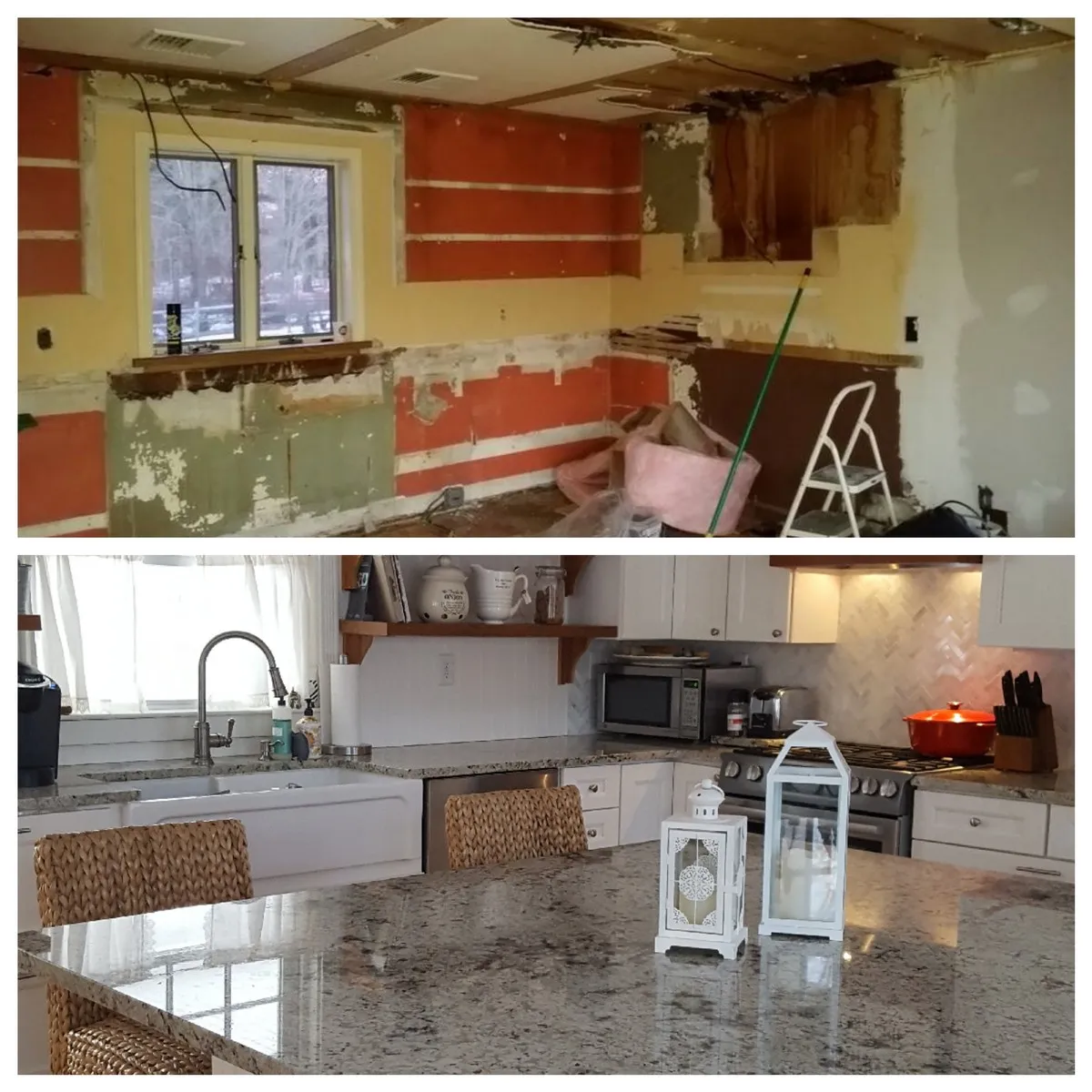 Before and after images of a full-scale kitchen remodel that included backsplash installation completed by Mr. Handyman.