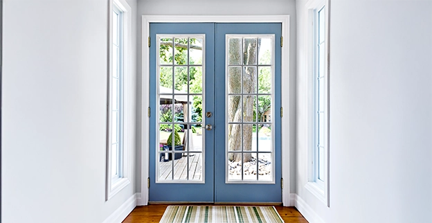 Glass doors with wooden frame.